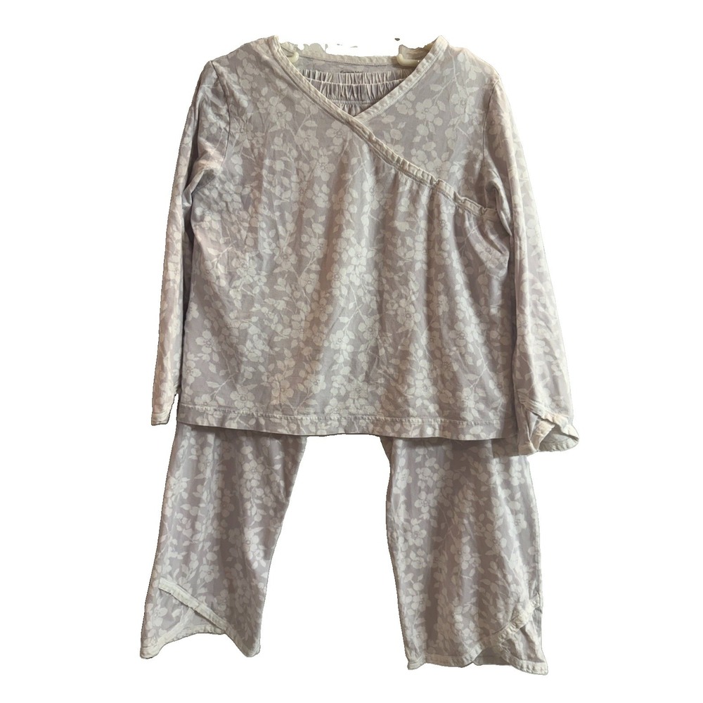 Garnet Hill Green Cotton Pajama Set Womens L Grey Floral Faux Wrap Sleepwear 2Pc
